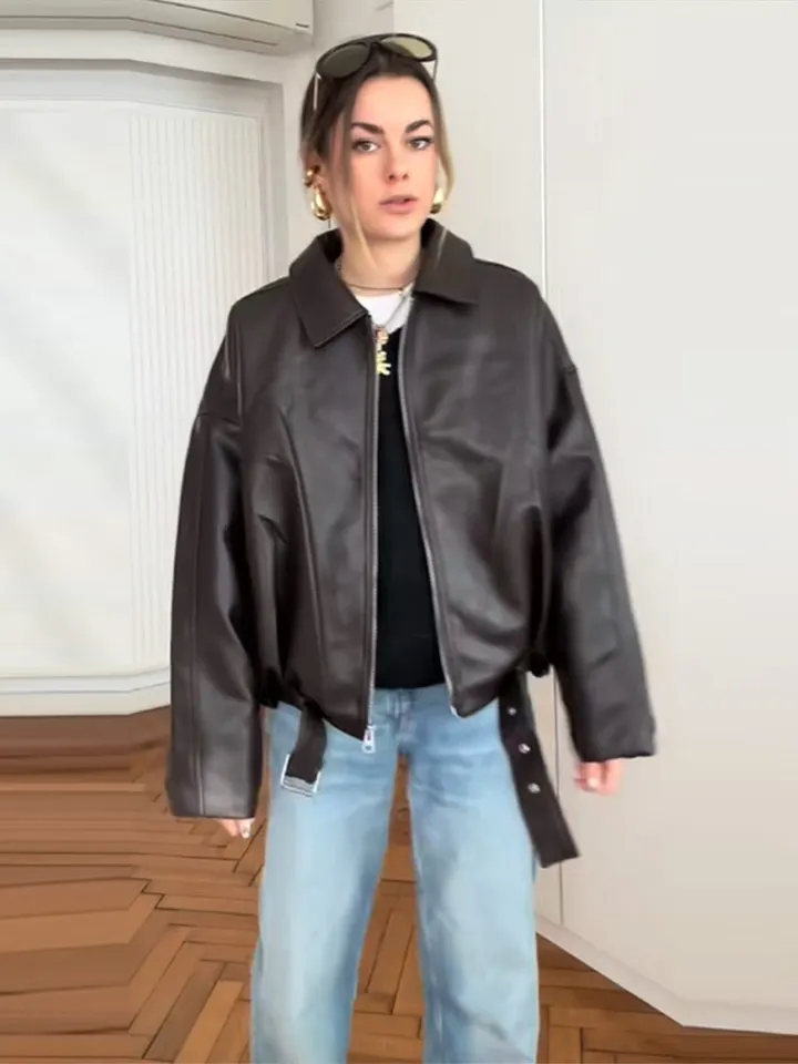 Veste Cuir Boomjiu Style Motard Rétro Veste En Cuir Motard BOOMJIU Femme - Style Rétro - Fermeture éclair - Poches Veste Motard Rétro
