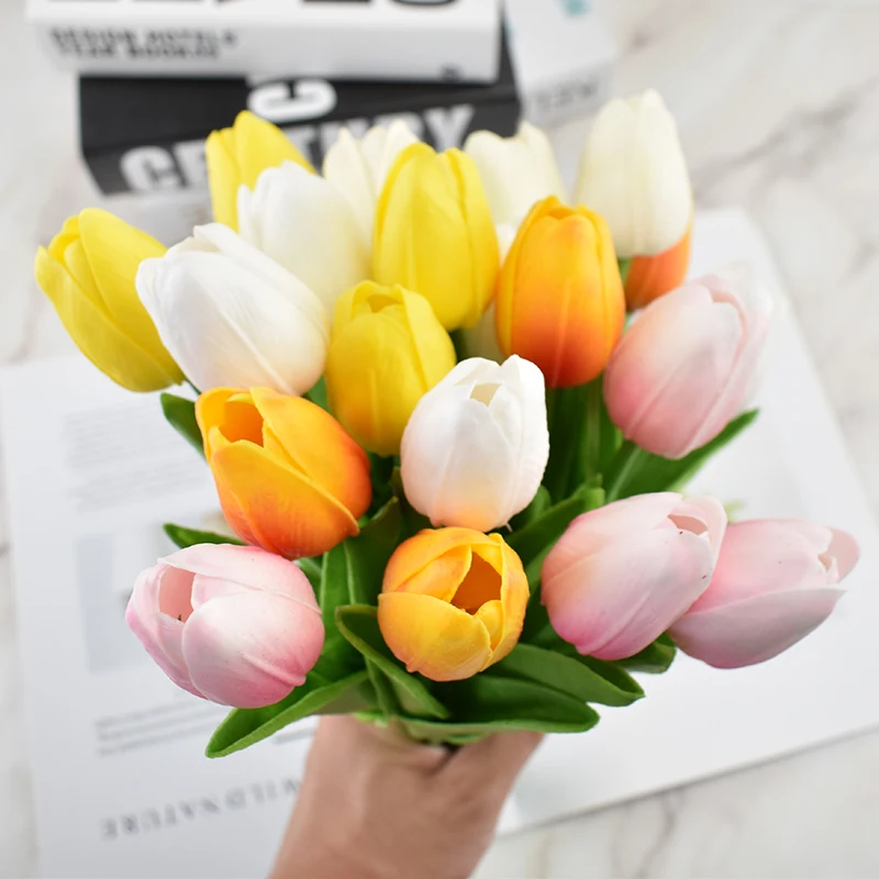 5/10/15pcs Mini PU Simulation Tulip Fake Flower Arrangement Wedding Site decoration Home garden decoration flower arrangement