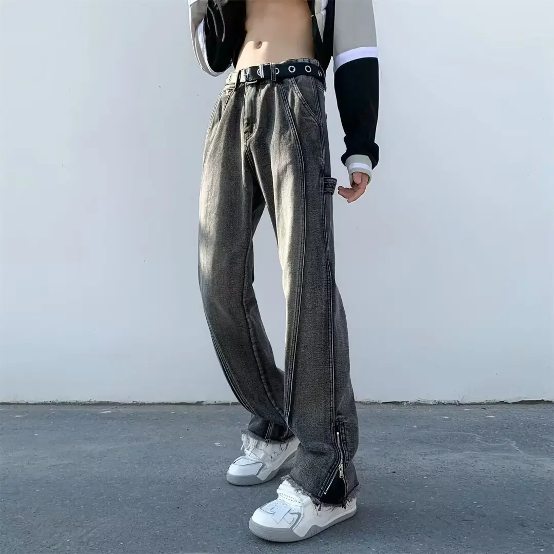 

Harajuku Black Gray Furred Jeans Slim Straight Leg Vibe Pants Trend Fashion High Street American Retro Zipper Micro Flare Pants