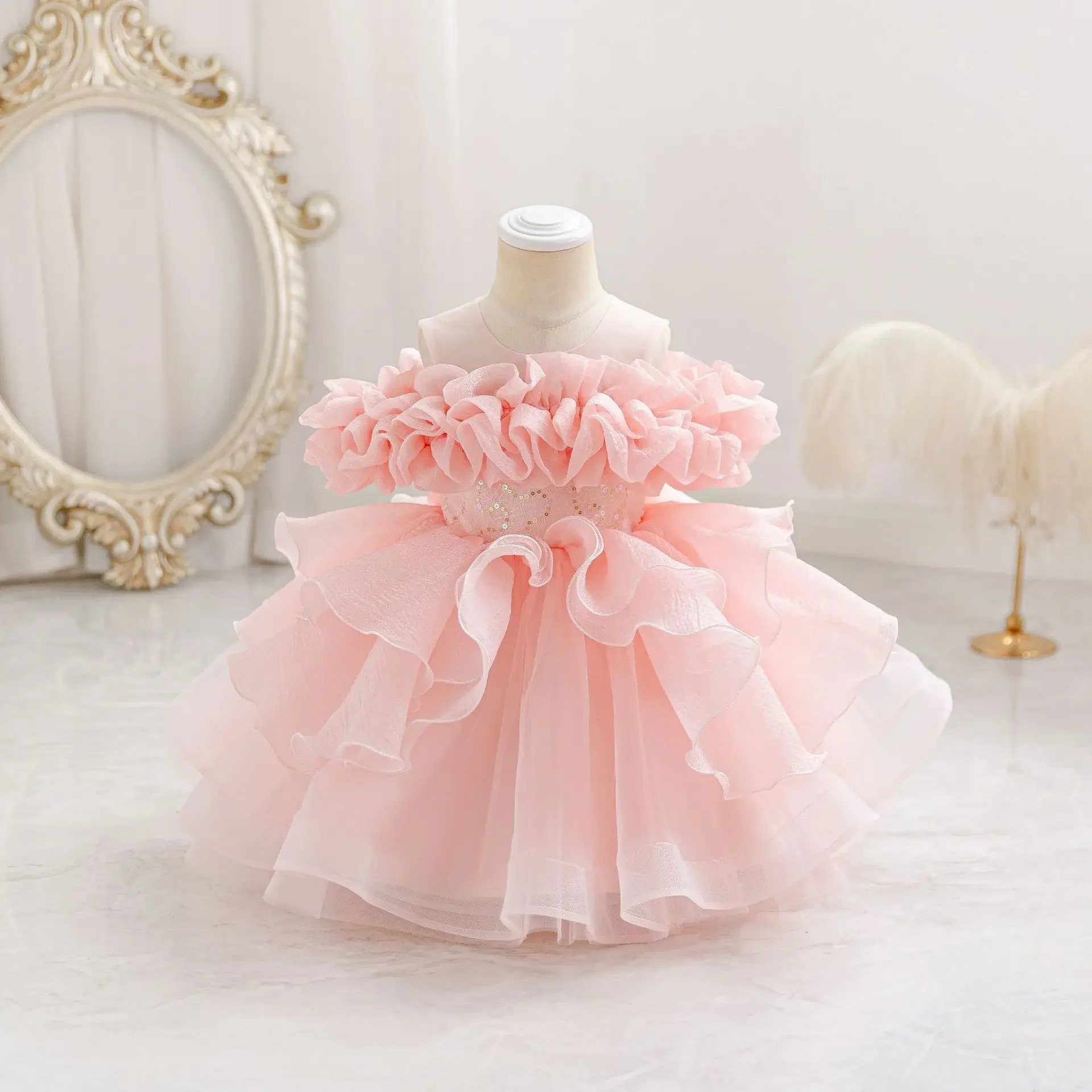 Girls Elegant Princess Dress Pleated Sequins Baby Birthday Holiday Ball Gown For Party Wedding 1-6 Years