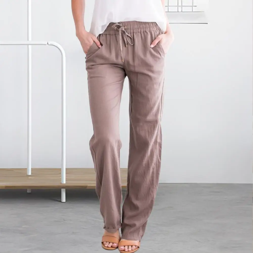 Women Casual Pants Elastic Drawstring Waist Long Pants with Pockets Solid Color Loose Fit Wide Leg Trousers Charming Pants