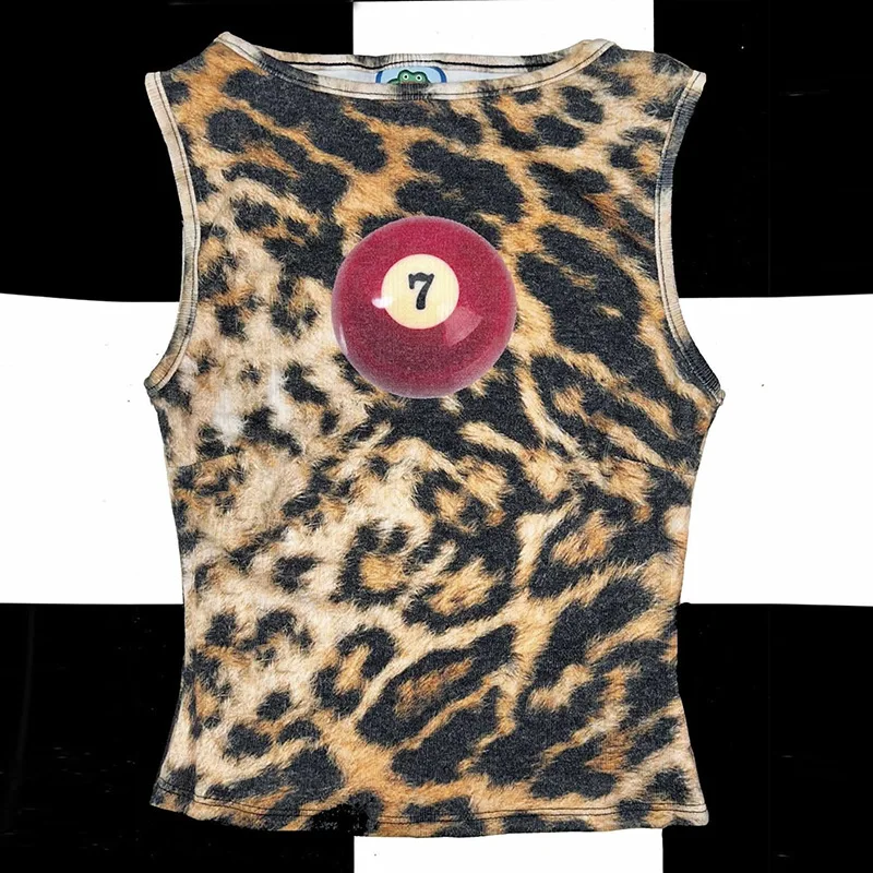 Y2K Tanktop mit Leopardenmuster, europäisch-amerikanischer Millennium-Retro-Stil, früher Harajuku-Print, Billard-Motiv, Größe 7