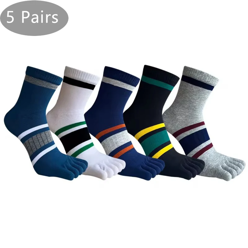 

5 Pairs Man Short Toe Socks Cotton Striped Business Young Casual, Fashion Sweat-Absorbing Breathable Party Dress 5 Finger Socks