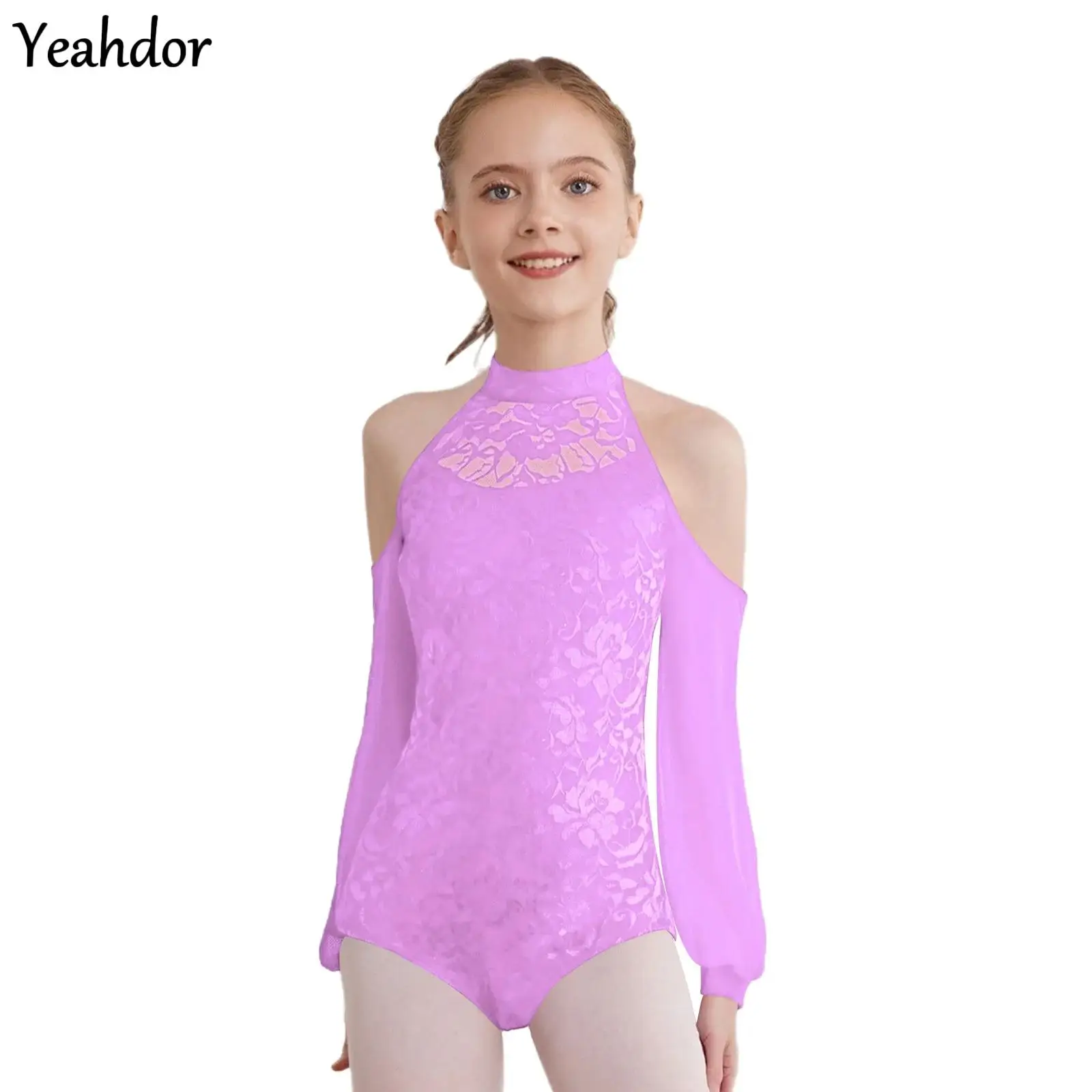 

Girls Lace Ballet Dance Leotard Figure Skating Costume Mock Neck Cold Shoulder Sheer Mesh Long Sleeves Yoga Gymnastics Bodysuit