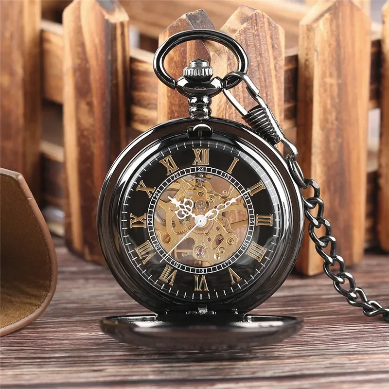 Antique Hollow Gear Cover Pocket Watch Unisex Skeleton Handwinding Mechanical Watches with Pendant Chain Roman Number Clock