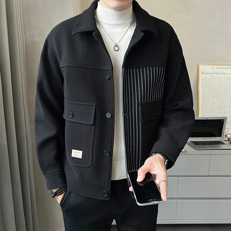 

Spring Autumn New Temperament Fashion Coat Male Wool Casual Lapel Stripe Top Blends Cropped Buttons Jacket Male Clothing Z149