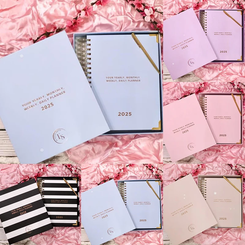 مخطط سنوي 2025 لمدة 12 شهرًا، مخطط يومي أسبوعي وشهري، مخطط مفكرة ميزانية حلزونية للوازم المكتبية المدرسية