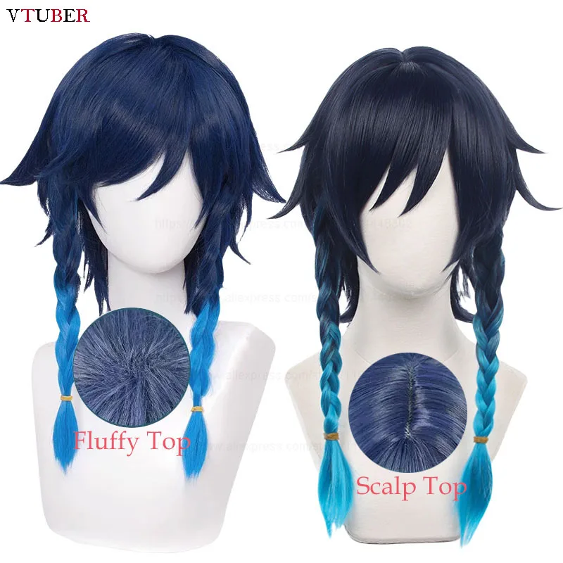 

2 Styles Venti Cosplay Wig Game Impact Barbatos Venti Long Blue Gradient Braids Heat Resistant Synthetic Hair Wigs + Wig Cap