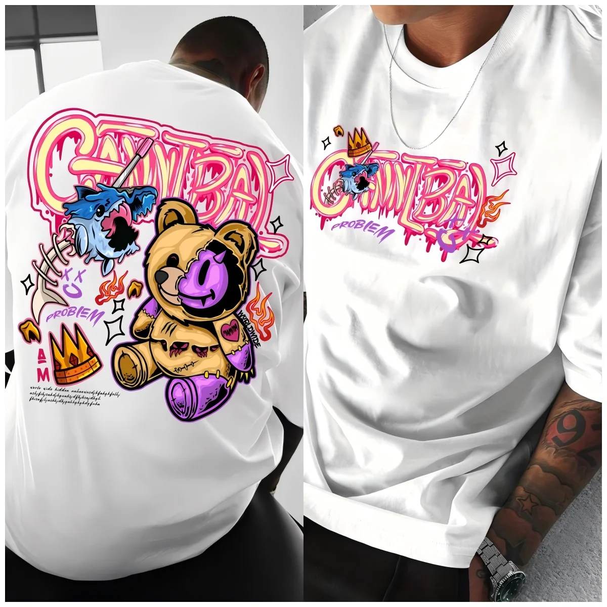 جديد الأمريكية الصيف الكرتون الشيطان الدب طباعة لينة، مريحة، تنفس جولة الرقبة تي شيرت في الهواء الطلق نمط الشارع الأعلى