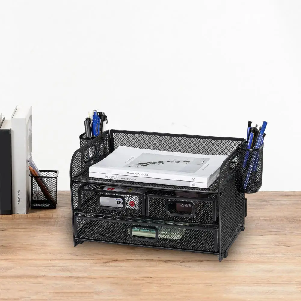 Estante de almacenamiento de escritorio con múltiples cajones, organizador de escritorio de malla con 3 cajones, portalápices, marco de acero al carbono, carpeta de archivos para oficina