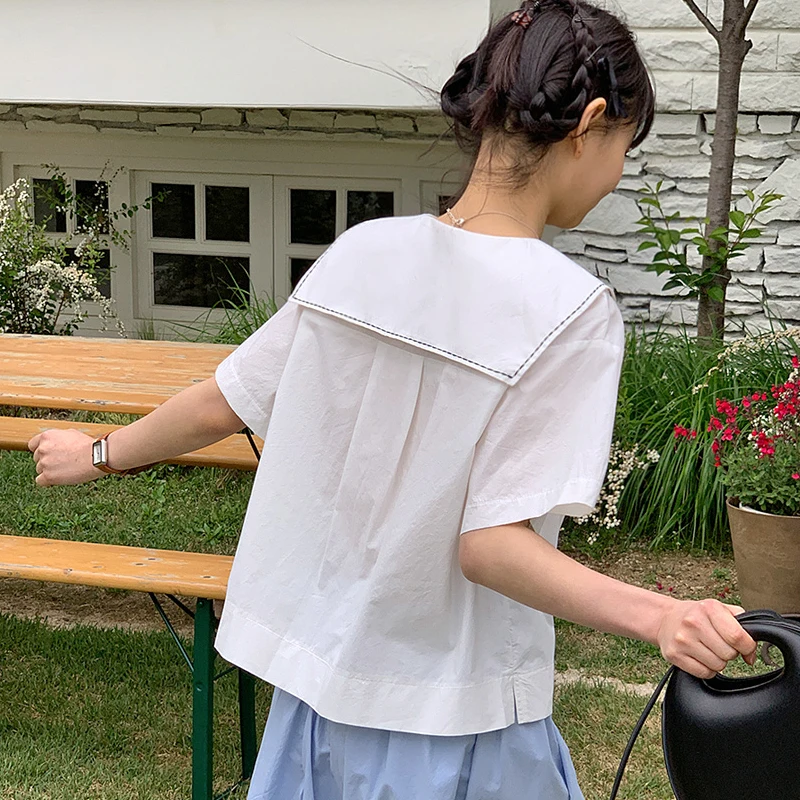 Japanese style White Shirts Women Sailor Collar Cropped Blouse Summer Thin Pockets Short Sleeve All-match Design Harajuku Shirt