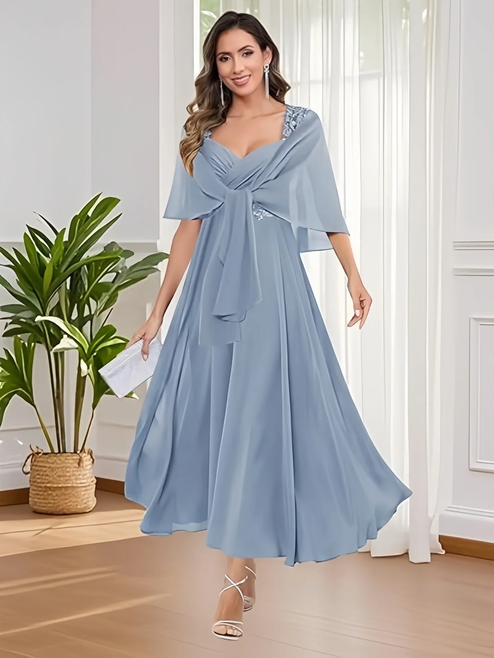 Vintage Mother of the Bride Dress With Shawl Lace Applique Sweetheart Chiffon Tea Length Women Formal Party Banquet Guest Gown