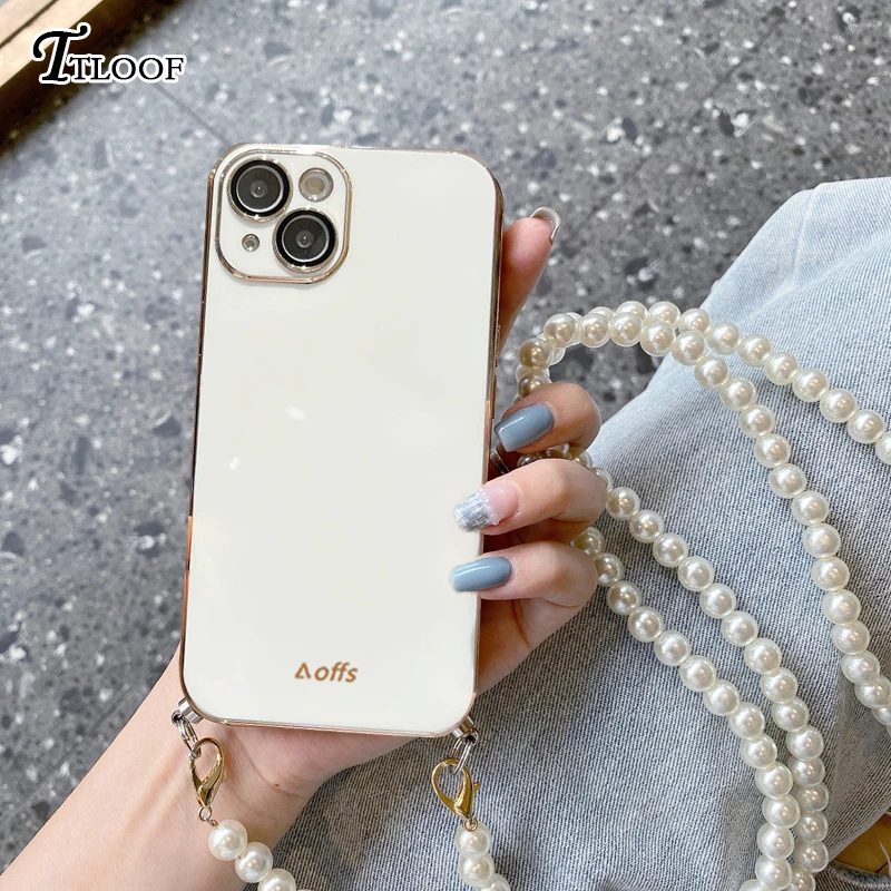 Etui na telefon z perłowym łańcuszkiem na szyję do iPhone'a 17 Air 16 14 15 13 11 12 Pro Max Mini 7 8, pokrywa z powłoką galwaniczną