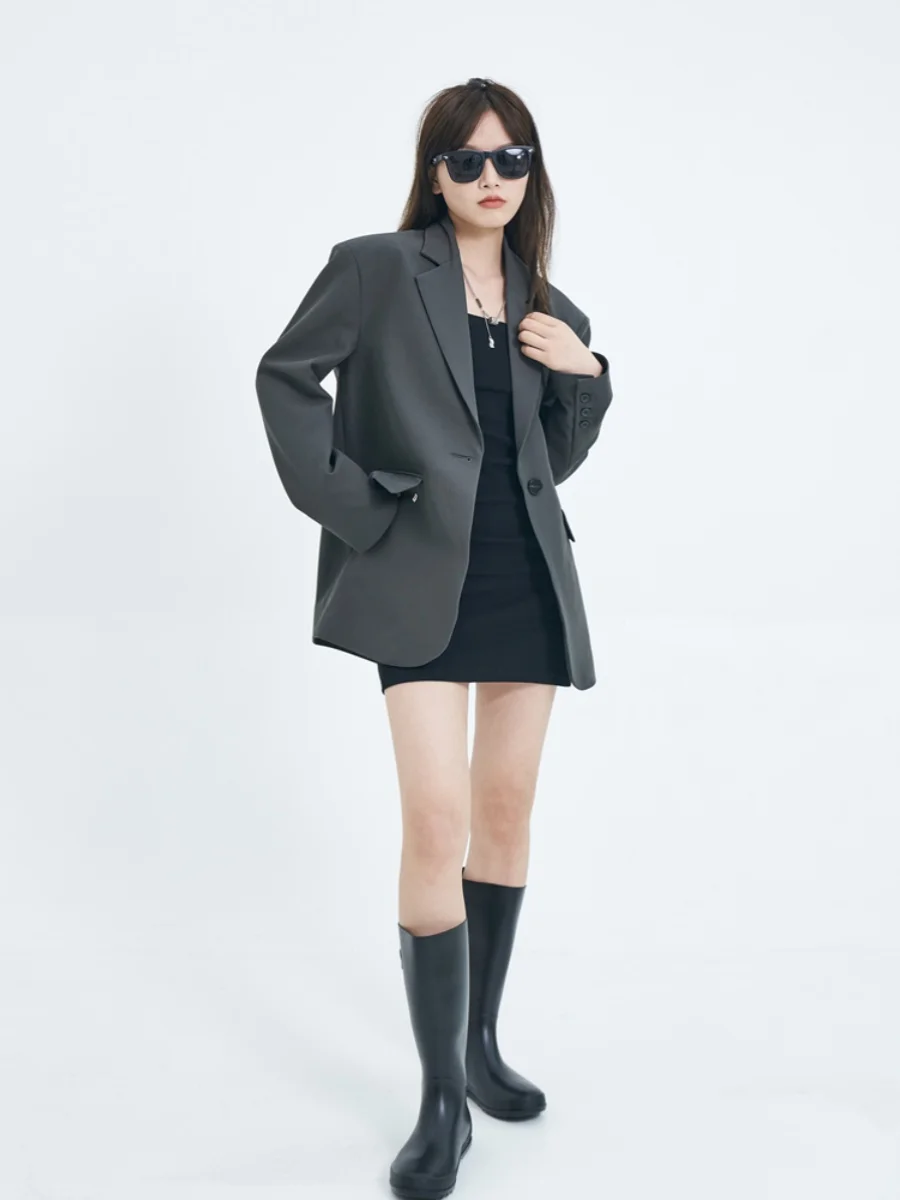 

Loose Casual Women's Suit Jaet Korean Sle Commute Slimming ey Bla 2023 New Arrival Long Sve Stand Length