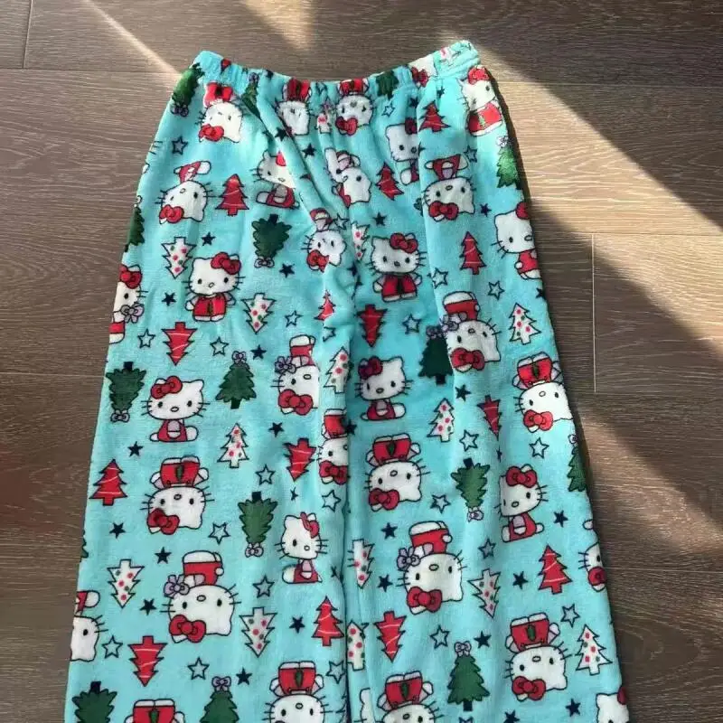 Hello Kitty New Christmas Pajama Pants Anime Popular Cute Cartoon Flannel Thickened Winter Casual Pants Warm Home Clothes Loose