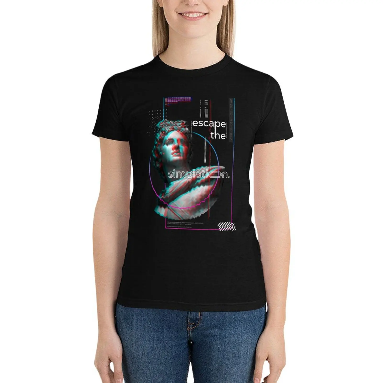 

Escape the simulation Statue glitch T-Shirt tops tees Blouse plus size tops Woman clothes