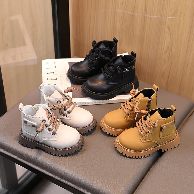 British Style Toddler Leather Boots Fashion Breathable Baby Casual Shoes Boy Girls Platform Short Boots Non- Slip Kids Sneakers