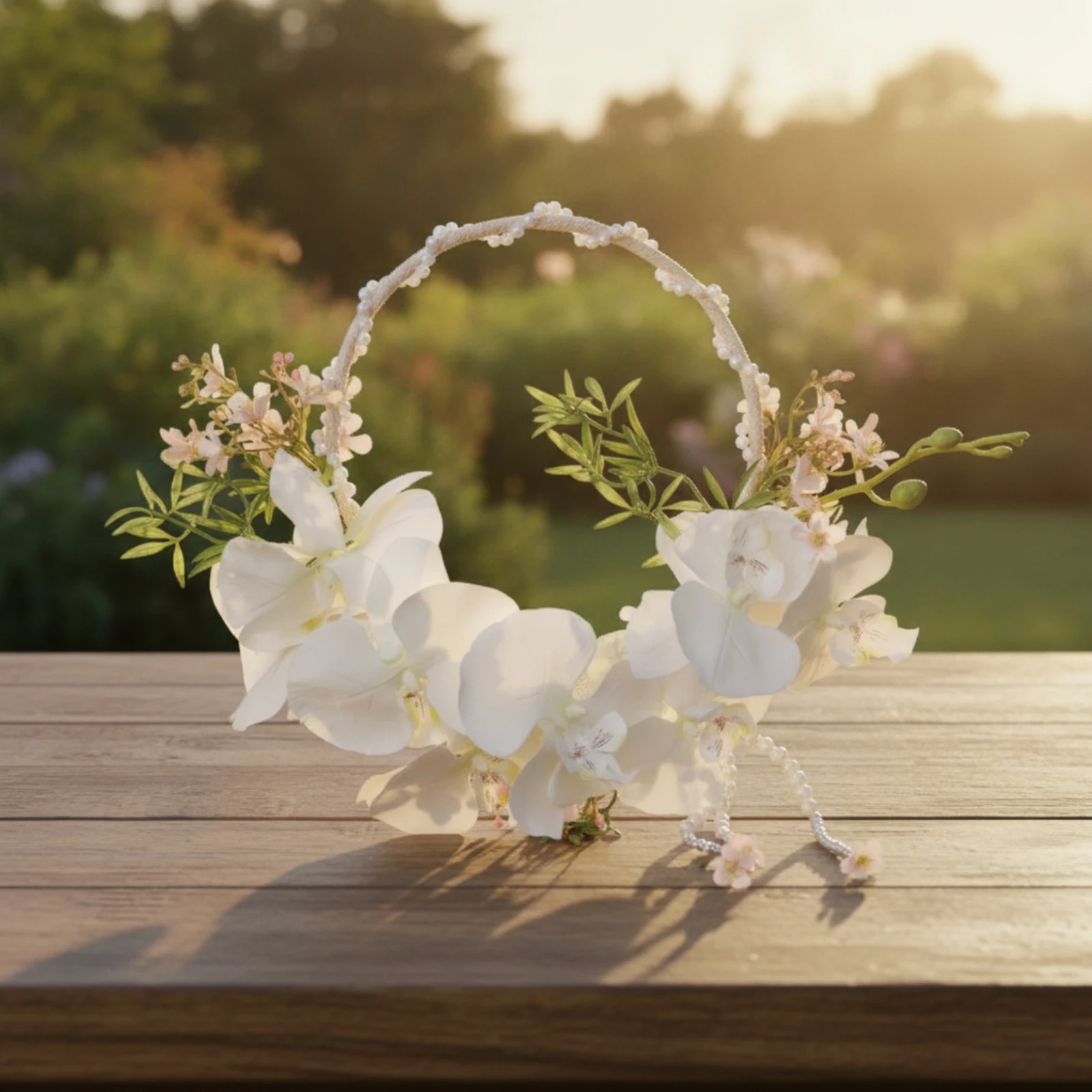 Wreath Bouquet with Pearl Handle Artificial Hoop Bouquet with Orchids Decorations Faux Luxurious for Brides, Weddings