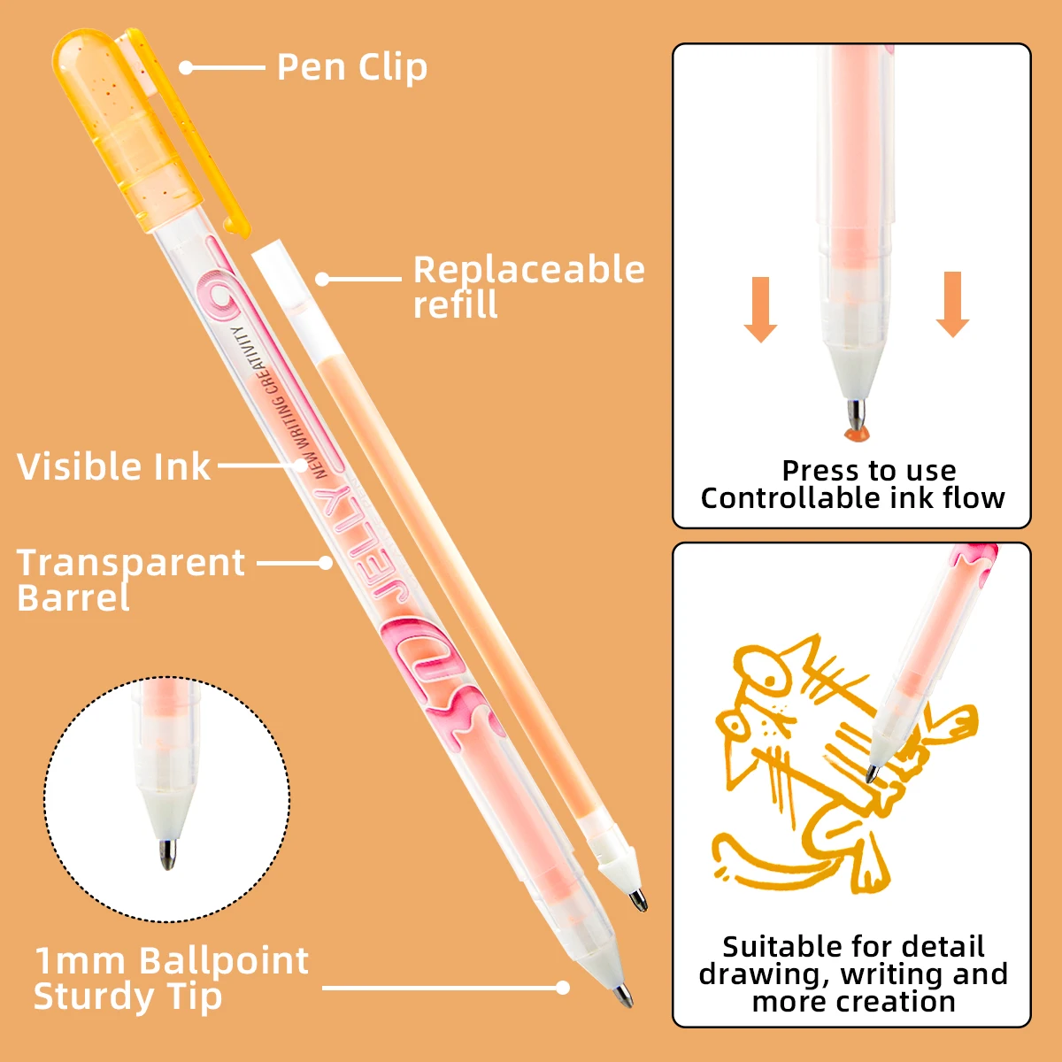 SHANDS 12PCS 3D Jelly Gel Pens Set, 1.0mm Bold Tip, Vibrant Ink, Quick-Dry & Smooth for Drawing, Journaling & Back to School