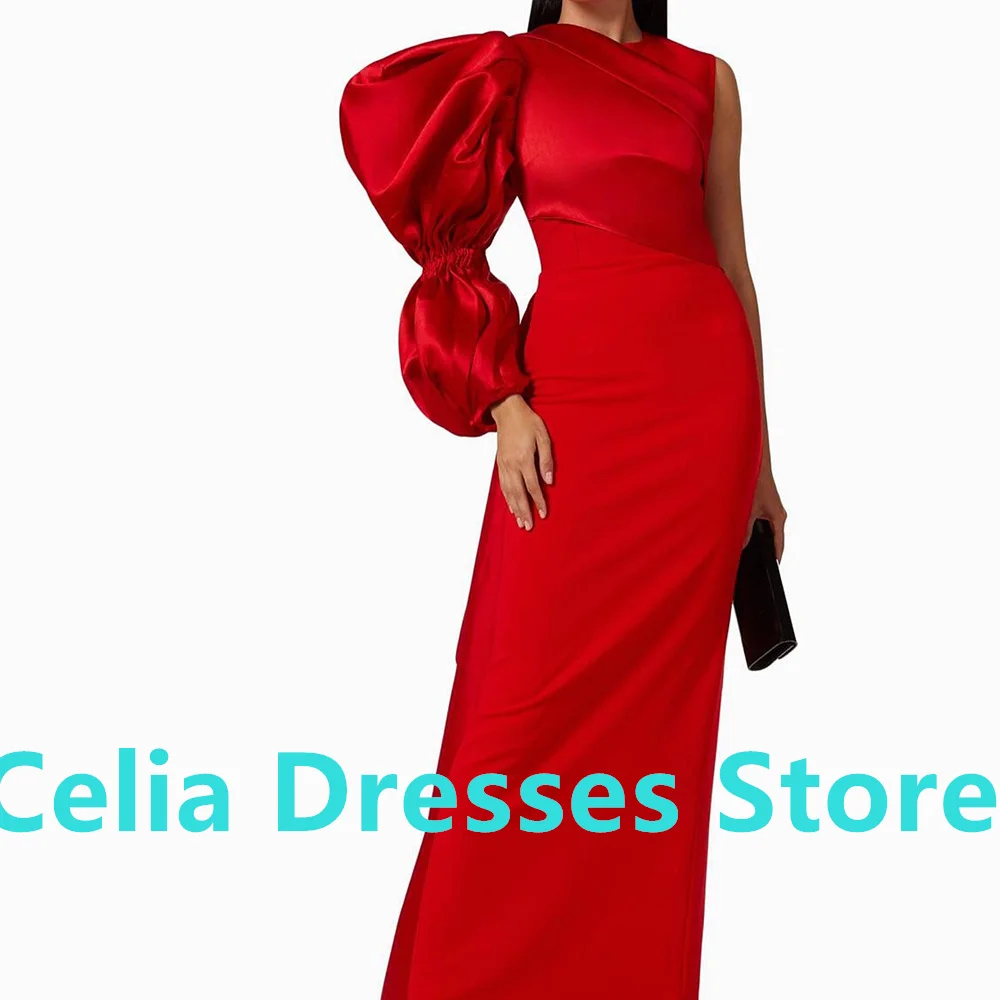 Red Floor Length Pleats Long Sleeves Satin Straight Saudi Evening Gowns Pleats Fashion Dresses For Formal Occasions Modern Women