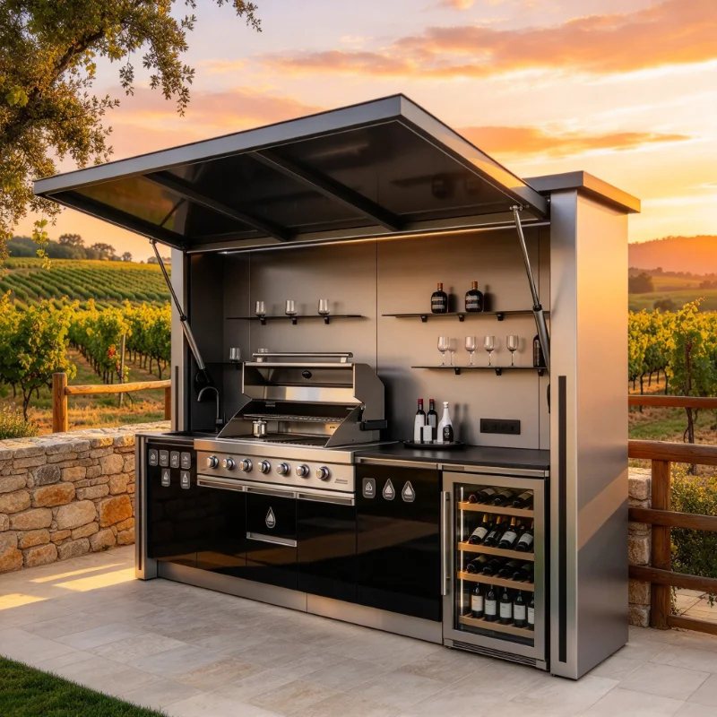 Portable Aluminum Outdoor Kitchen Set, Eco-Friendly BBQ Shed System with Built-in BBQ Pod and Tailgate Grill for Backyard Use