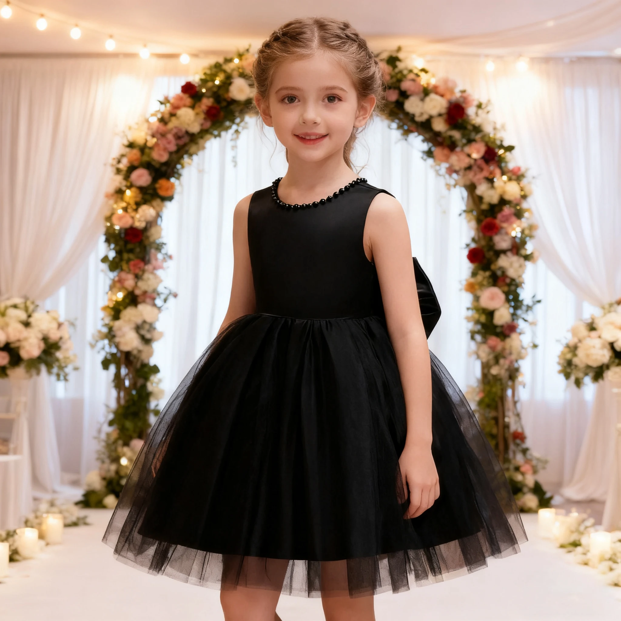 

Flower Girl Backless Dress Kids Halloween Black Party Dress for Girls Tulle Festive Formal Wedding Prom Dresses with Headwear