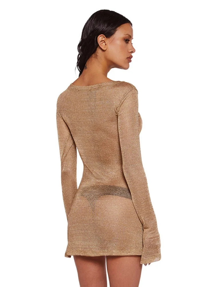 女性のためのセクシーな透明なビーチドレス,長袖のボディコン,女性の服,ラウンドカラー,無地,y2k