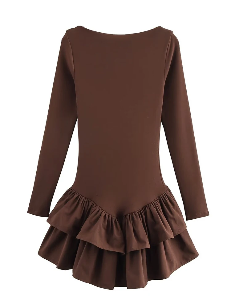 TARUXY Ruffled Splice Mini Dress For Women Solid Long Sleeve Office Lady Dress 2025 Spring New Slim Female Casual Frill Dress