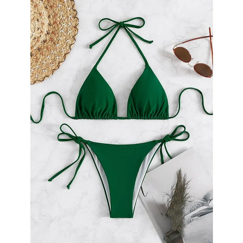 

2026 NEW Women's Two-Piece Bikini Tie-Neck Halter-Top Solid Color Sexy Elegance Swimsuit Hot Spring Resort Beach Bikini Set