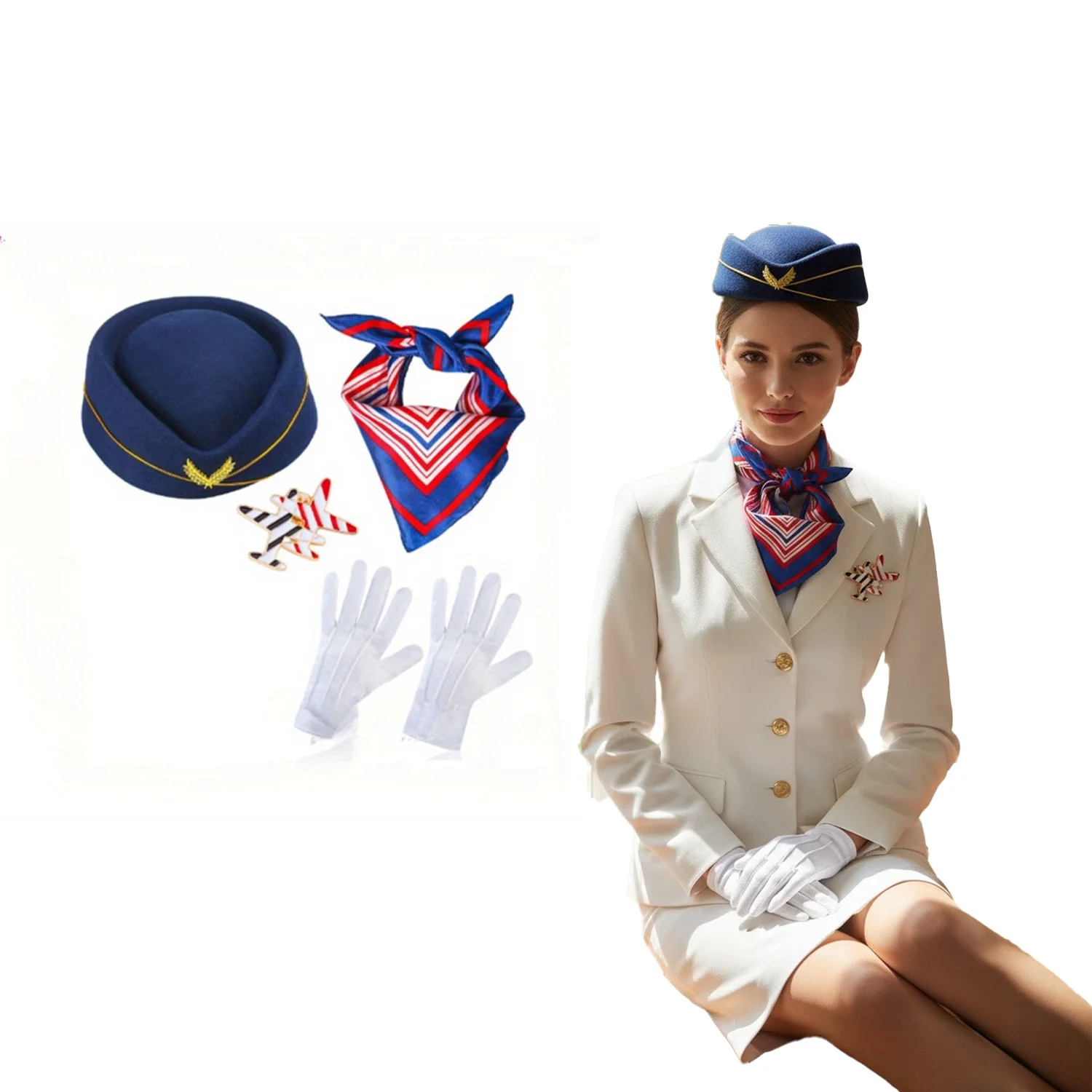 ชุดเครื่องประดับสำหรับพนักงานต้อนรับบนเครื่องบินสุดหรู - ชุดแต่งกายสไตล์สายการบินพร้อมหมวก ผ้าพันคอ เข็มกลัด และถุงมือ