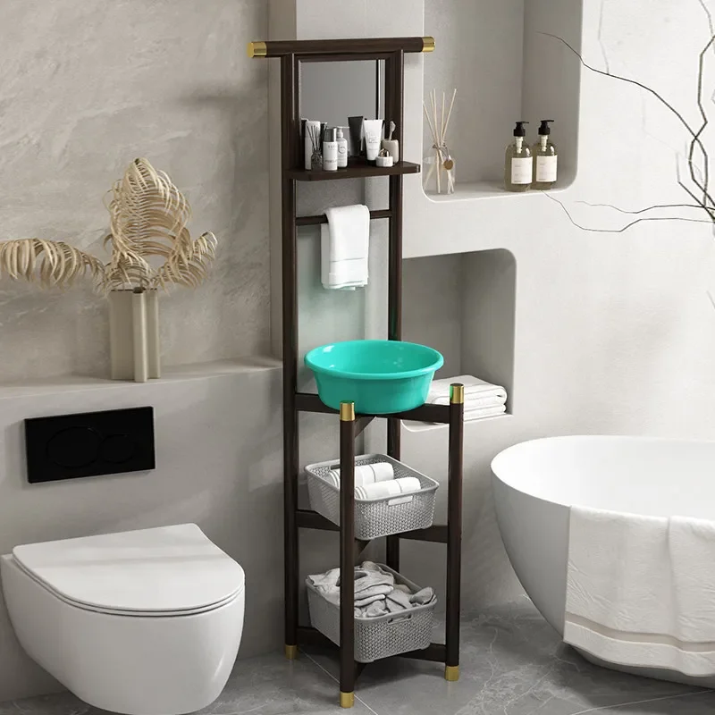 Washbasin Shelf Floor-to-ceiling Household Old-fashioned Simple Multifunctional Toilet Bathroom Washstand Shelf with Mirror