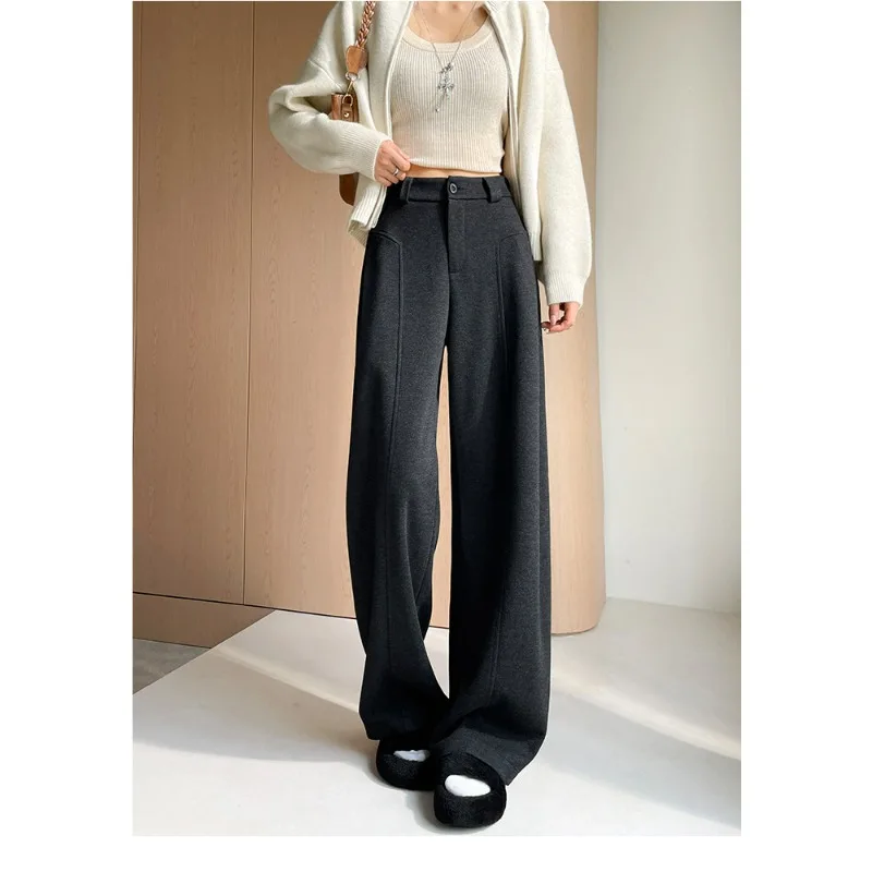 Dark Grey Acetate Wool Wide-leg Pants Women Spring Autumn Winter High-waisted Casual Straight-leg Sports Suit Curved Knife Pants