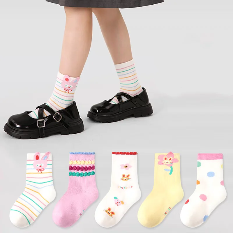 5 أزواج من جوارب الأميرة الأرنب الصغير للفتيات، تصميم مريح للغاية من القطن المرن متعدد الألوان على شكل سحابة الزهور #3
