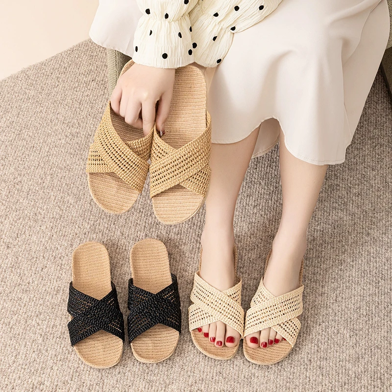 Linen Slippers Woven Straw Sandals, Women's Pure Linen Straw Woven Shoes Japanese Home-Use All-Season Quiet Indoor Retro Me