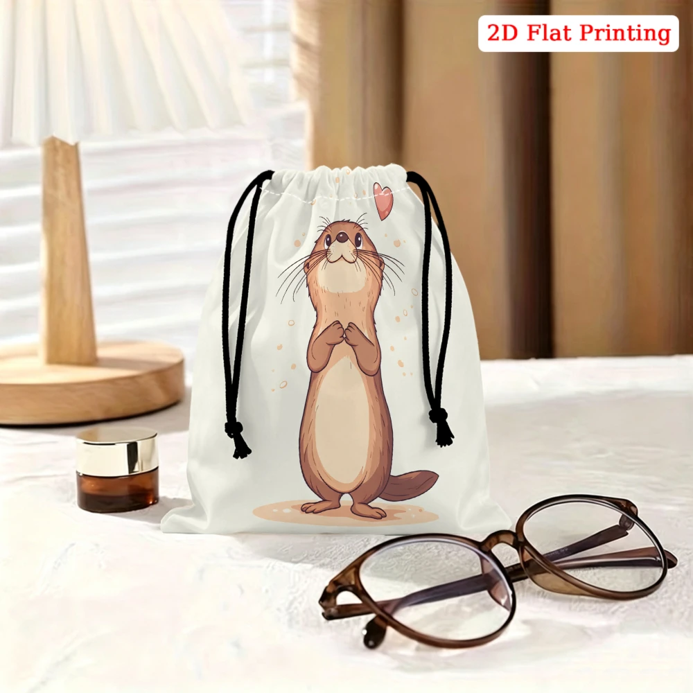 1pc Cartoon Otter Drawstring Bag White Cute Animal Print Storage Small Pouch For Travel Cosmetics Jewelry Organizer Portable Gif