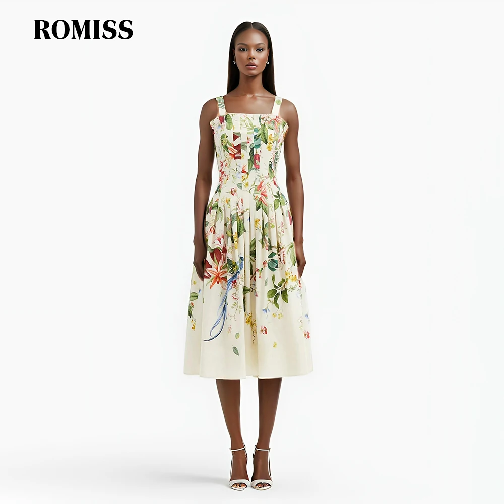 

ROMISS Hit Color Printing Patchwork Folds Dresses For Women Square Collar Sleeveless High Waist Casual Camisole Dress Female New