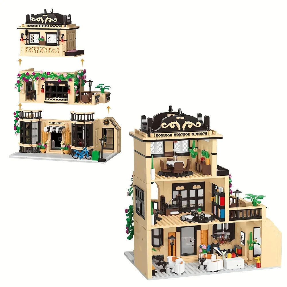 Coffee Shop City Street House Construction Toy for Adult & Teens 14+,City Cafe Building Block Set,1413pcs Mini Bricks with LED