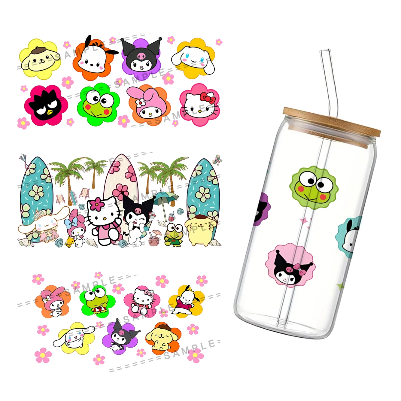 2024 New Sanrio Theme For Libbey 16oz Can Glass 3D Waterproof UV DTF Coffee Can Wrap Libbey Glass Wrap