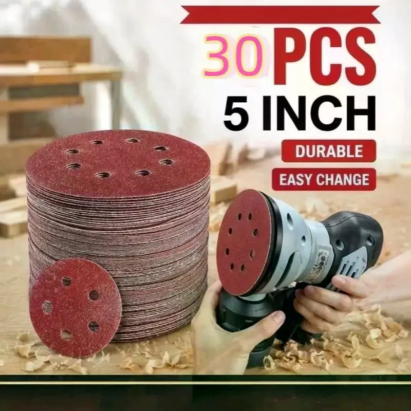 30PCS Universal 8 Hole Sanding Discs 125mm Sandpaper For Metal Wood Glass Sander Polishing Pads Home Abrasive 60~240 Grit