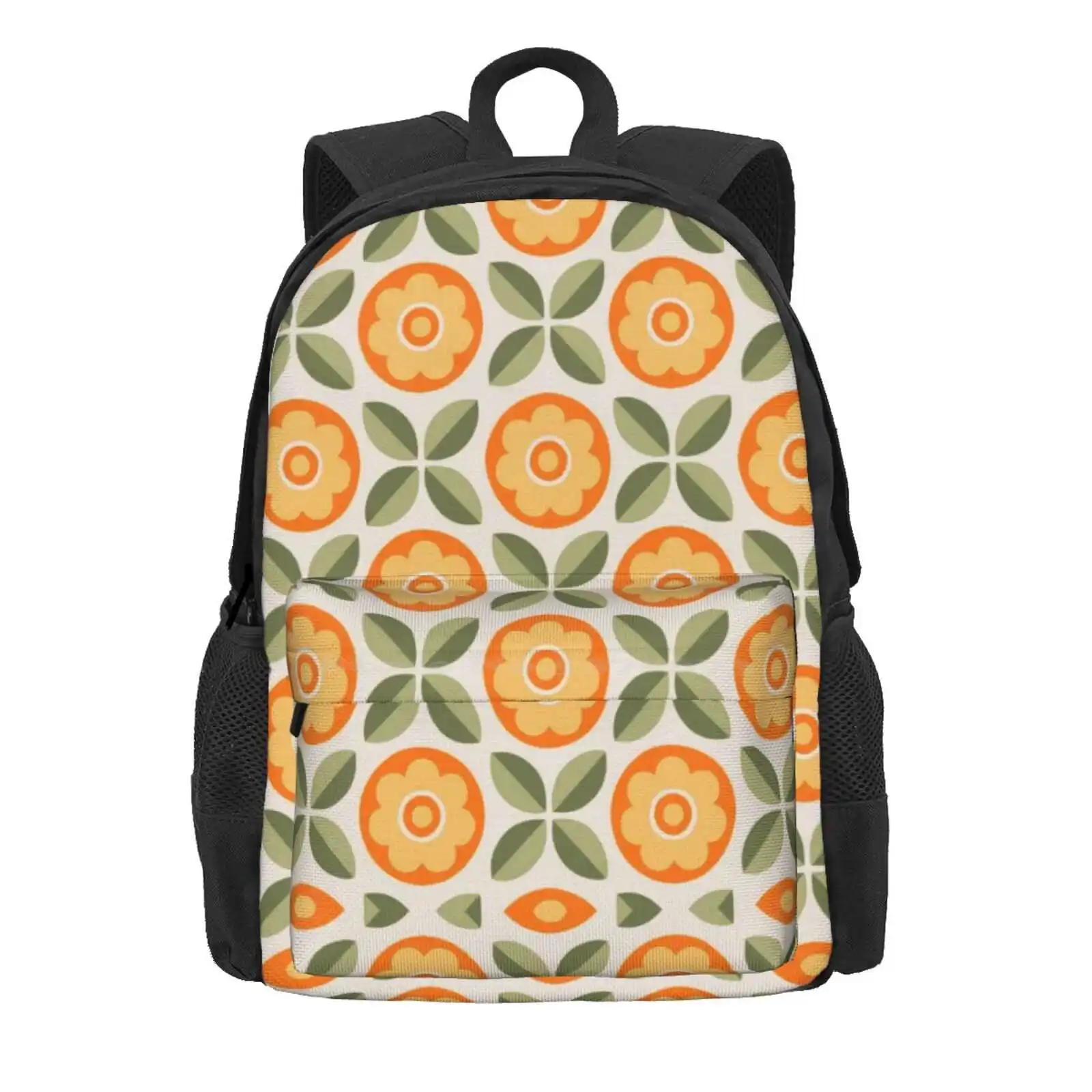 Orange And Green Floral Retro Pattern Hot Sale Schoolbag Backpack Fashion Bags 1950S 1960S 1970S Cover Decorative Fashion Funky