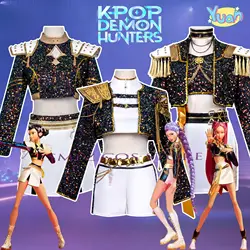 2025 Hot Woman Rumii Zoeye Mila Cosplay Costume Black Golden Shiny Uniform Pop Demon Costume Outfit for Adult Girl Group