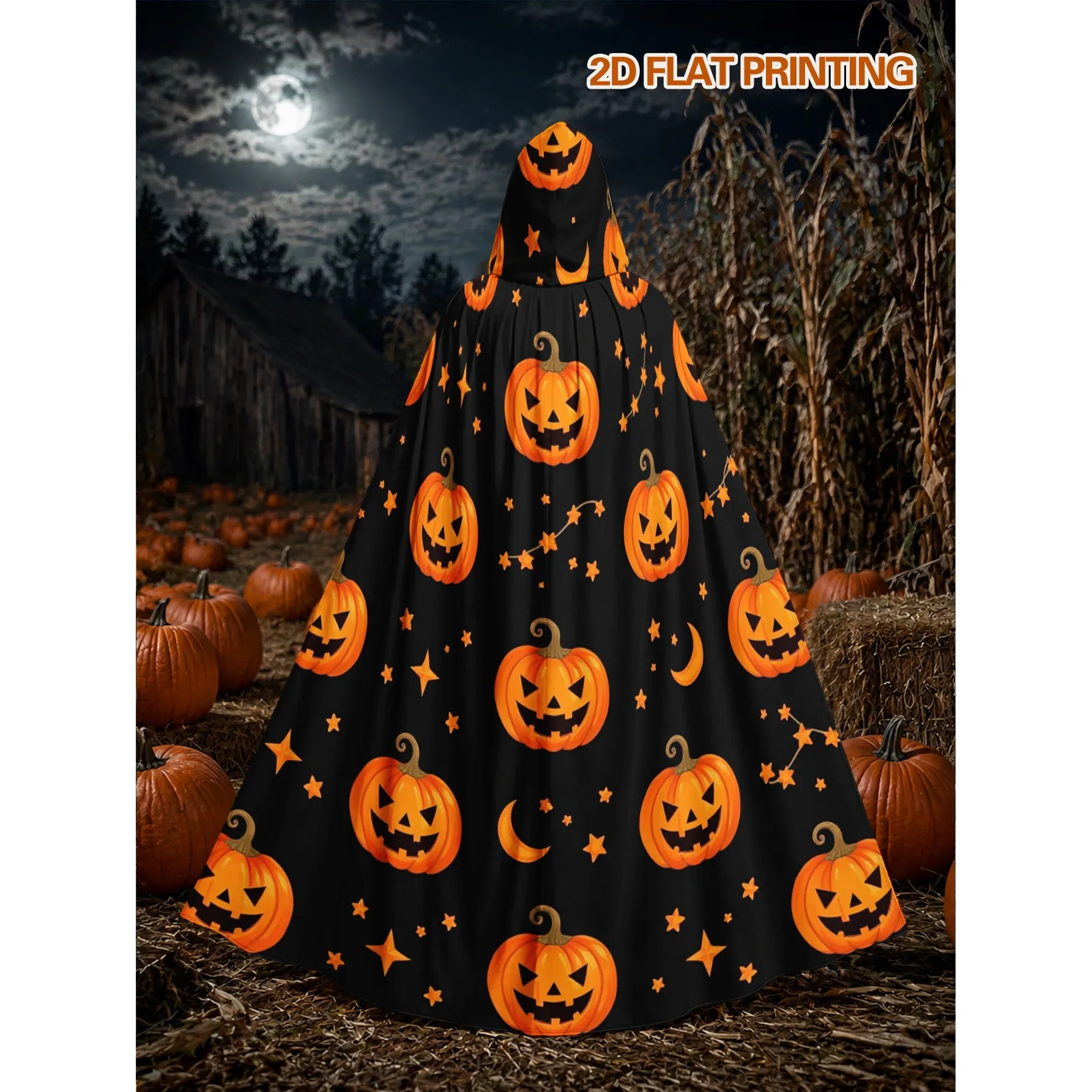 Halloween Pumpkin Print Hooded Cape Adult Long Polyester Robe for Seasonal Celebrations Roleplay