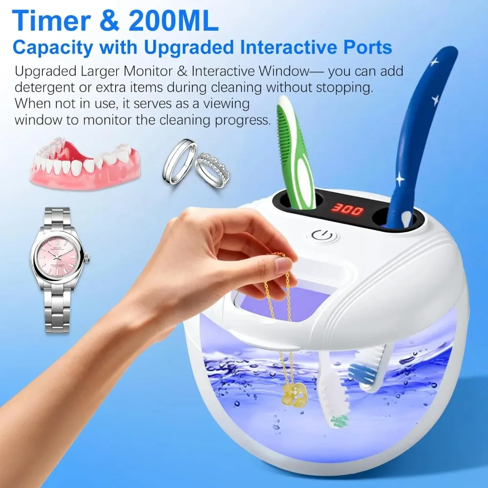 Retainer Cleaner, Upgraded Open-Window 45kHz Retainer Cleaner 200ML Dental Cleaning Pod with 4 Modes & Digital Timer