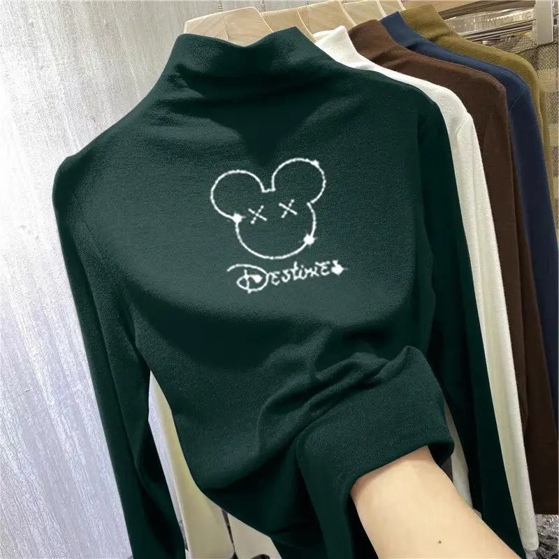 Autumn Winter New Double Sided German Half High Collar Long Sleeve Women\'s Bottom Shirt Fashion Age Reducing Diamond Set T-shirt