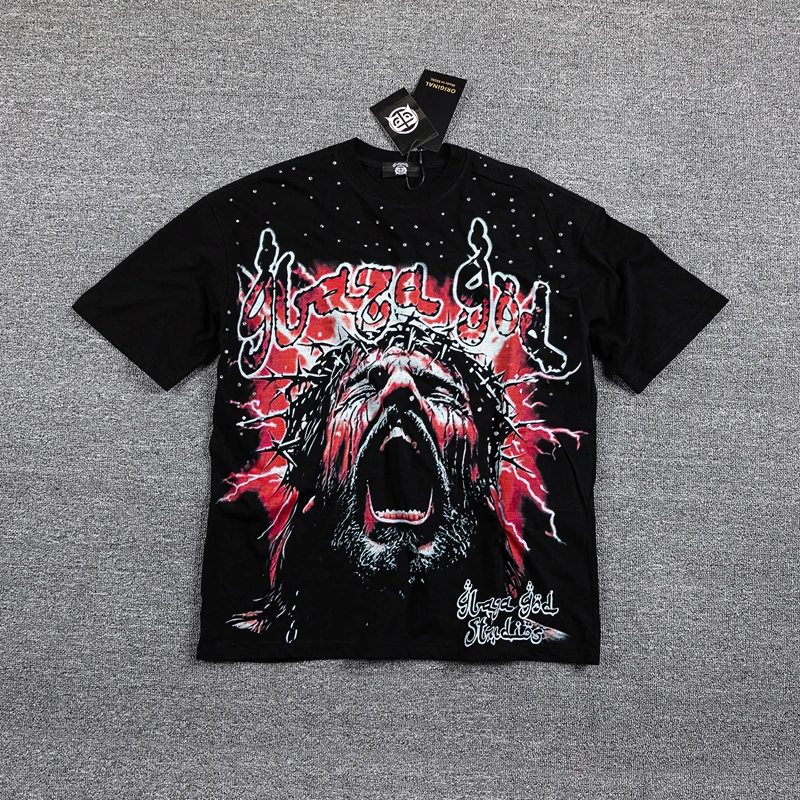 Europe America Trend Glaza God T-shirt Rhinestone Letter Printed Short Sleeve Retro Casual Unisex High Quality T Shirt