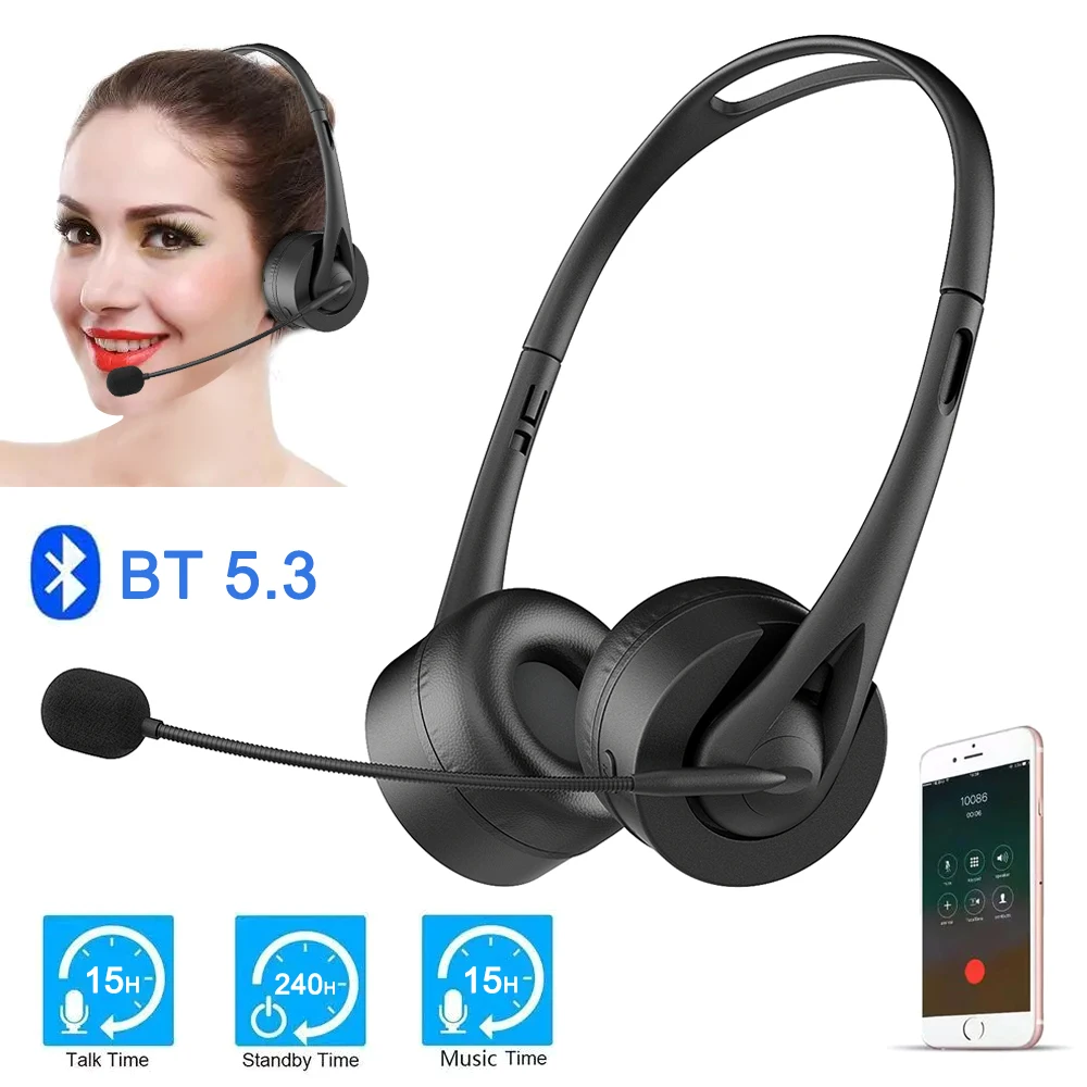 Bluetooth V5.3 Headset with Mic Head-mounted Wireless Truck Driver Headphones Hands-free Call Headset for Call Center Office