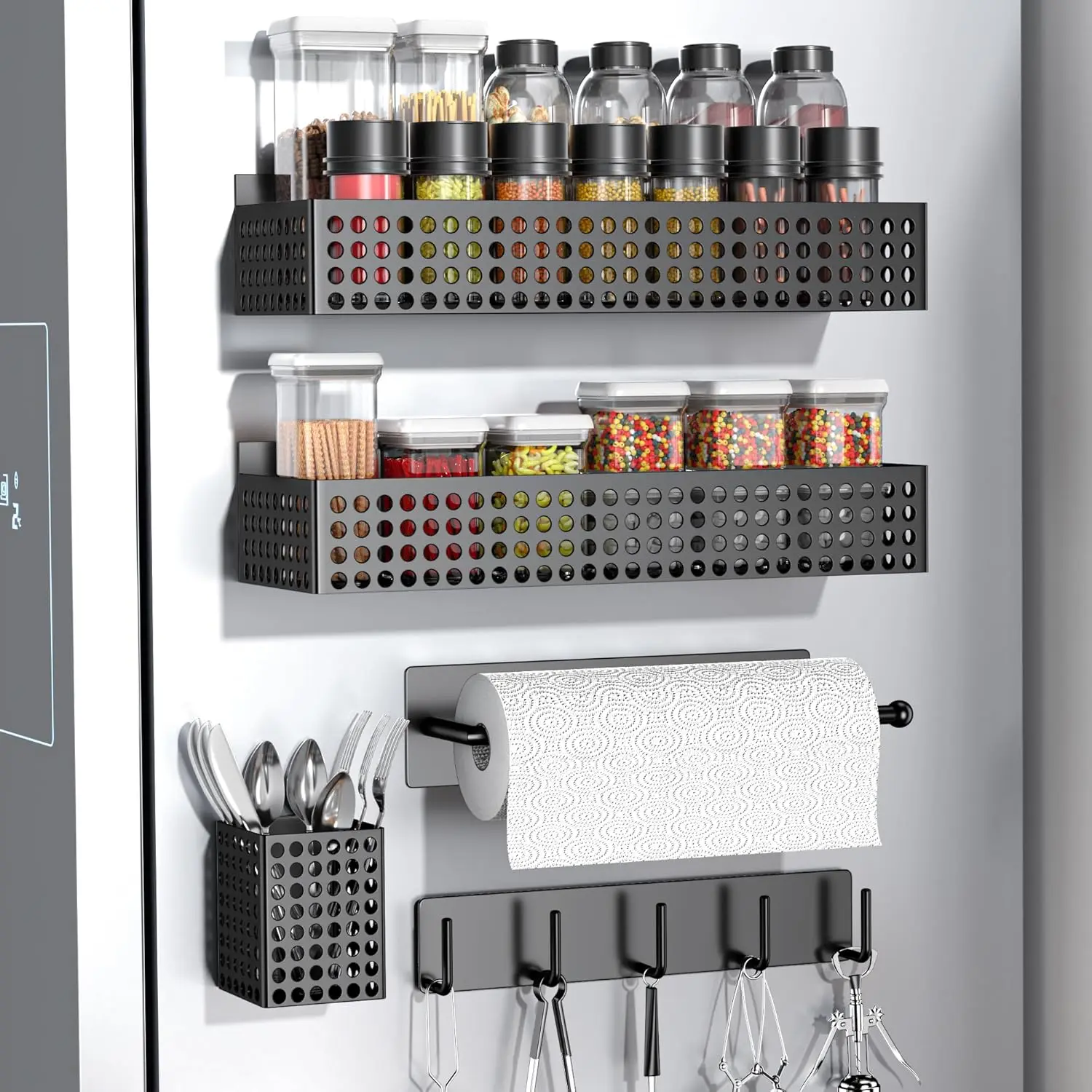 Magnetic Spice Rack for Refrigerator 2 Tiers and Paper Towel Holder and Utensil Holder, Magnetic Refrigerator Organizer,