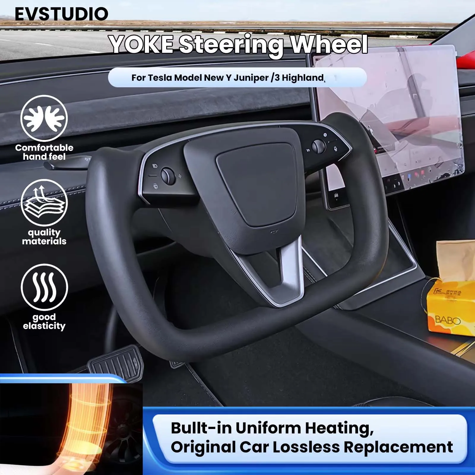 2026 New NAPP Leather 350mm Heating Yoke Handle for Tesla Model Y Juniper/3 Highland Yoke Steering Wheel Personalized Accessory