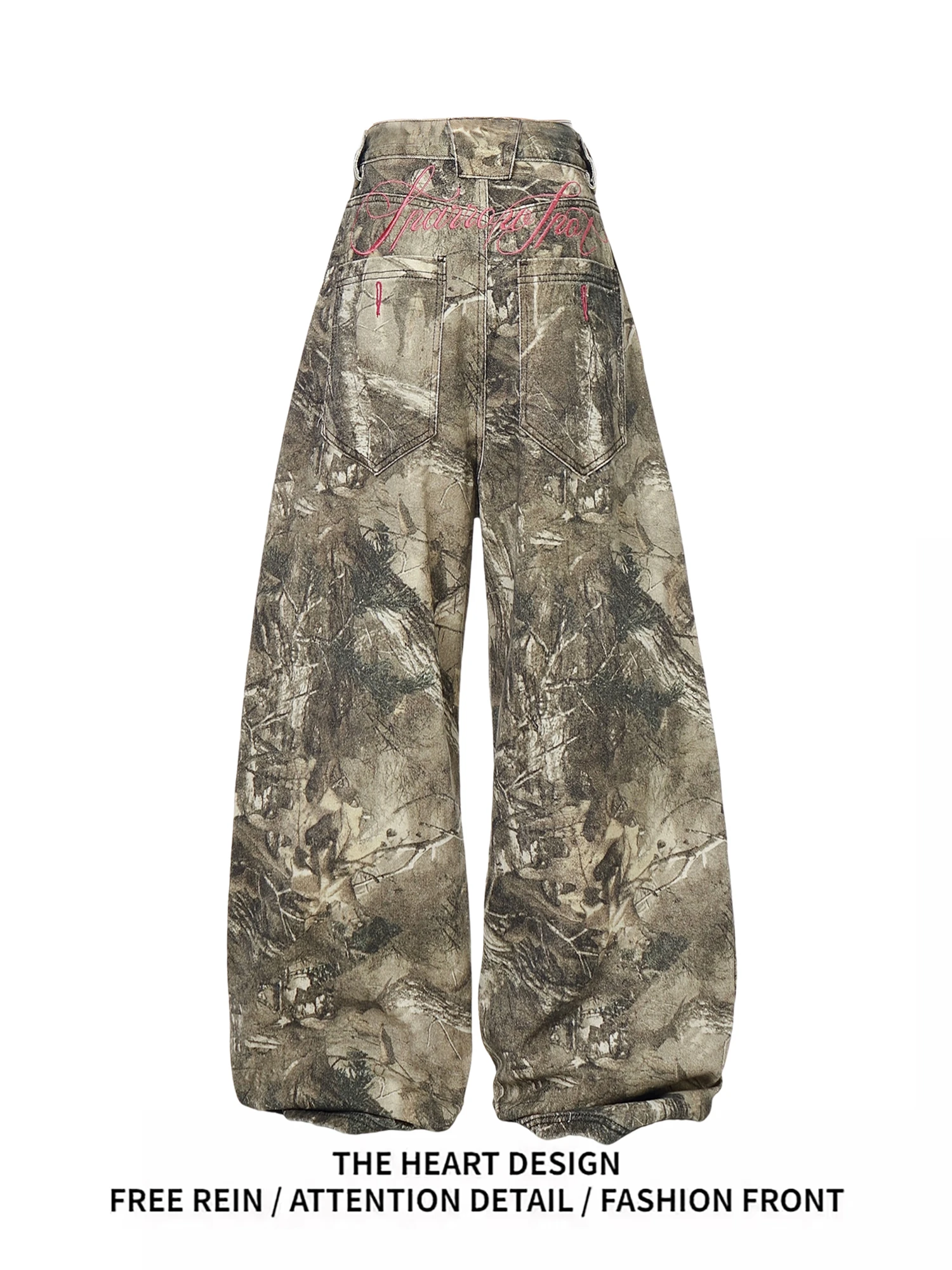 Women's Camouflage Print Denim Wide Leg Jeans 2025 New High Waist Pink Embroidery Vintage Casual Streetwear Trousers