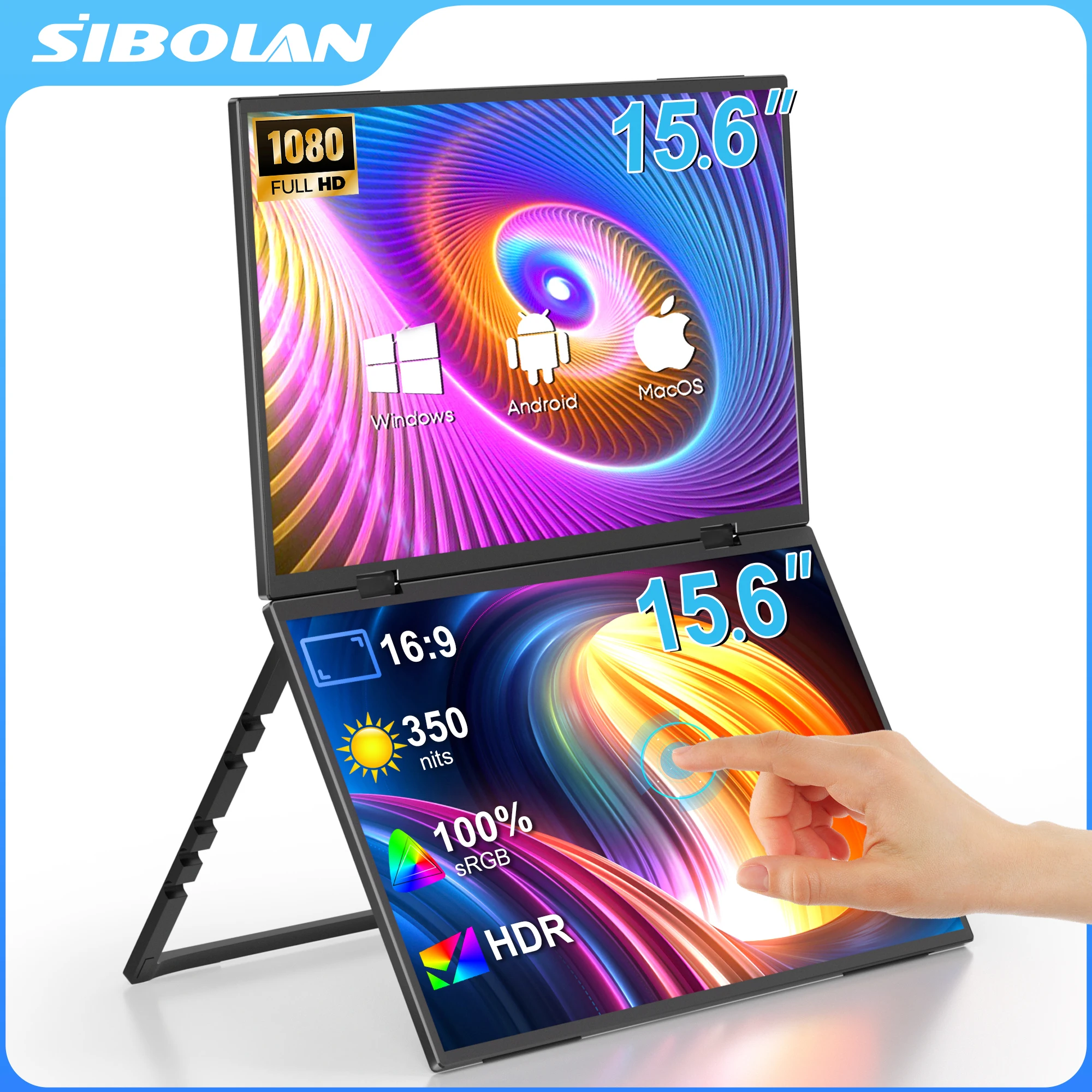 SIBOLAN 15,6 inch draagbare dubbele touchscreenmonitor, optioneel zonder touchscreen, opklapbaar beeldscherm, laptopschermuitbreiding, TYPE-C/HDMI-poort, geschikt voor onderweg